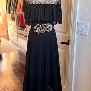 Elegant Black Midi Dress with Cream Floral  Belt